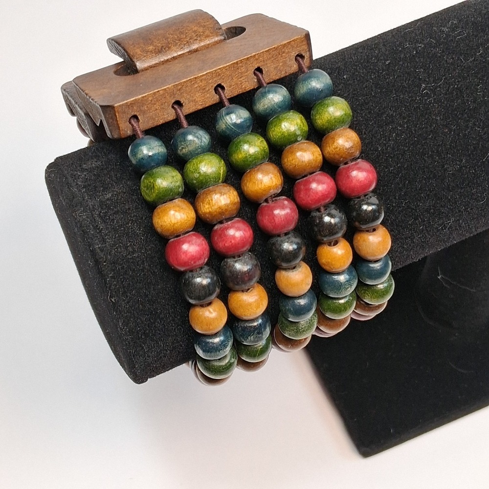 Multi-Color Wood Bead Boho Cuff Bracelet with Carved Wood Buckle Clasp 7.5+" - Picture 3 of 9